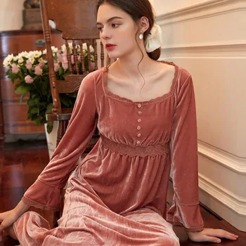 Phoentin Derliaus aksomo nightdress Moterų Rudenį pižamą ilgomis rankovėmis seksuali suknelė Elegantiškas Sleepwear Princesė namų drabužiai FG211