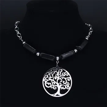 Gyvybės medis Obsidianas Karoliai Sidabro Spalvos Nerūdijančio Plieno Žavesio Karoliai Moterų Papuošalai collares de mujer N35S04