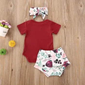 2020 Bamblys Kūdikiams, Vaikams Baby Girl Drabužiai Nustatyti Vasaros trumpomis Rankovėmis Raudona Raidė Bodysuit Gėlių Šortų Komplektus Drabužių 3PCs