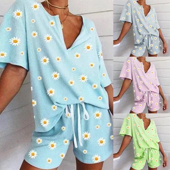 Paprasta Sleepwear Pižamos Moterų Pižama Gėlių Spausdinti Medvilnės trumpomis Rankovėmis Ponios Pijama Rinkiniai Homewear Mielas Animacinių filmų Ištaigingas Dėvėti#W
