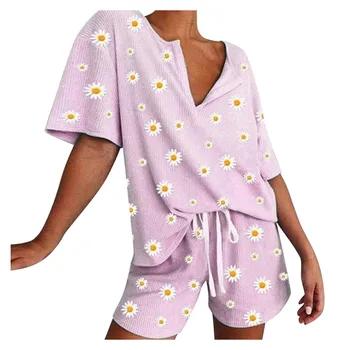 Paprasta Sleepwear Pižamos Moterų Pižama Gėlių Spausdinti Medvilnės trumpomis Rankovėmis Ponios Pijama Rinkiniai Homewear Mielas Animacinių filmų Ištaigingas Dėvėti#W
