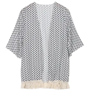 Derliaus Šifono Palaidinė Moterims Geometrinis Kimono Megztinis 2018 Naujas Kutais Nėriniai Hem Skara Negabaritinių Viršūnes Outwear blusas femininas