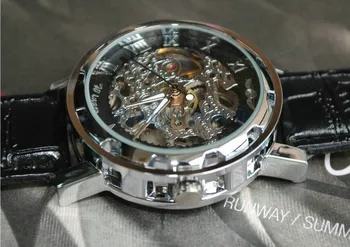 Nugalėtojas Mechaninė Automatinė Vyrai Laikrodžiai Juodos odos Skeletas Žmogaus Laikrodis Top Brand Prabanga Sporto Karinių Vyrų Laikrodis