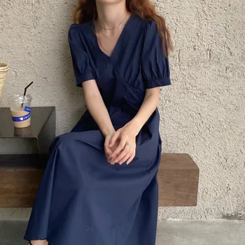 2020 Moterų Vasaros Derliaus Tamsiai Mėlynos V Kaklo Ilga Suknelė Elegantiškas Aukšto Juosmens Raukšlės-line Puloveris 