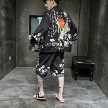 Japonų Kimono Haori Kinų Stiliaus Skraiste Hanfu Tango Kostiumas Megztinis Vyrams Viršūnes Kelnes Nustatyti Kailis Šortai Rytietiškų Drabužių Streetwear