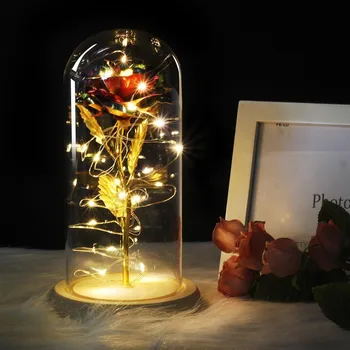 6 Spalva Grožio Ir Žvėrys, Raudona Rožė stikliniu Kupolu Ant Medinio Pagrindo Valentino Dovanos, LED Lempos Kalėdų