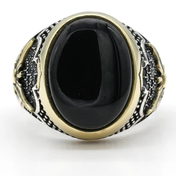 925 Sterlingas Sidabro Vyrų Žiedas su Ovalo formos Juodasis Gamtos Oniksas Žiedas Taikos Simbolis Vyrų Tailando Sidabro turkijos Papuošalai