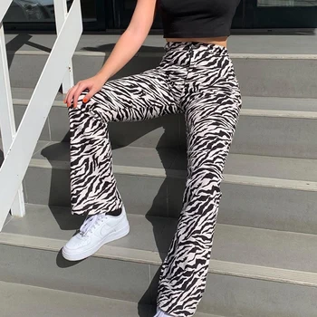 DOSSNI Zebras Spausdinti Kelnės Moterims High Waisted Gotikos Flare Kelnės Atsitiktinis Palaidų Poilsiu Tiesiai Ilgos Kelnės Y2k Streetwear 2020 m.