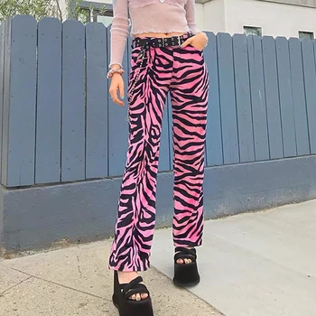DOSSNI Zebras Spausdinti Kelnės Moterims High Waisted Gotikos Flare Kelnės Atsitiktinis Palaidų Poilsiu Tiesiai Ilgos Kelnės Y2k Streetwear 2020 m.