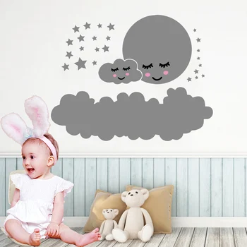 Pilnatis su debesų sienos lipdukas žvaigždžių vaikų darželio nuimamas kambario sienos lipdukas vinilo kūdikio kambario sienų apdaila HL219