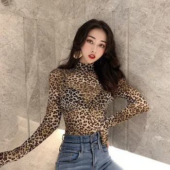Sexy Moteris Leopard Slim Marškinėliai Matyti Per Skaidrus Akių Viršūnes Ilgomis Rankovėmis Vien Slim Ponios Golfo Marškinėliai