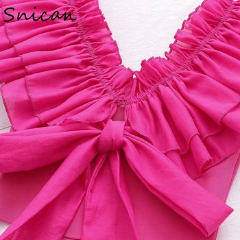 Vasaros palaidinė moterims skaidrios rožinės spalvos organza sluoksniuotos pynimas rankovės atgal laivapriekio palaidinė sexy slim trumpas viršūnes moterų camisetas mujer za