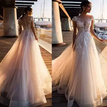 Boho Paplūdimio Vestuvių Suknelė, O-Kaklo Appliques Nėrinių Viršų Derliaus Princesė Vestuvių Suknelė Bžūp Rankovėmis Paprasta Nuotakos Suknelė 2019