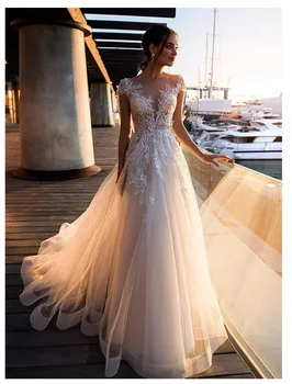 Boho Paplūdimio Vestuvių Suknelė, O-Kaklo Appliques Nėrinių Viršų Derliaus Princesė Vestuvių Suknelė Bžūp Rankovėmis Paprasta Nuotakos Suknelė 2019