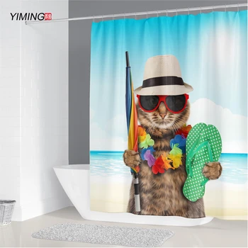 Funny cat spausdinti vonios kambarys dušo užuolaidos ant paplūdimio Poliesteris atsparus vandeniui dušo užuolaidos su kabliais, vidaus apdaila