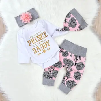 Naujas Baby Girl Drabužiai Nustatyti Mergaitės Laišką, Tėtis Princesę T-shirt + Vaikai Gėlių Ilgas Kelnes +Lankelis +Skrybėlės Komplektus Vaikas 4Pcs Rinkiniai