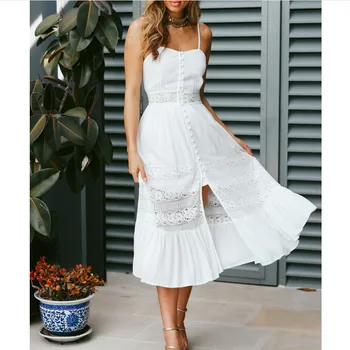 Suknelė 2019 Moterų Backless Balti Tuščiaviduriai Iš Maxi Suknelė Medvilnės Vasarą V-kaklo, Paplūdimio Suknelės Sundress