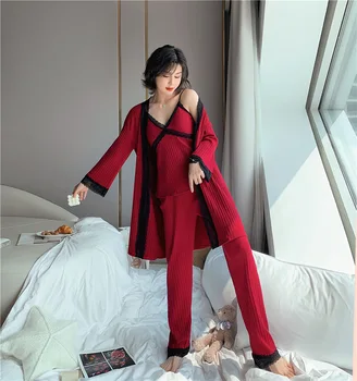 Rudenį, Žiemą 2019 Moterims Medvilnės Pižama Rinkiniai 3 Gabalus Nėrinių Pižamos Sleepwear Elegantiškas Nėriniai Naktiniai Drabužiai Pijama Homewear