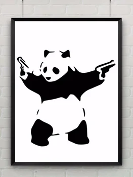 Panda Su Šautuvus pagal Banksy Spausdinti Abstrakčiai Grafiti Šiuolaikinio Meno Drobė, Tapyba, Plakatas, Provokuojantis Humoro Sienos Nuotrauka be Rėmelio