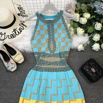 Vasaros 2020 m. Bohemijos Naujas Moterų Atsitiktinis Mezgimo Mutis Spalvų suknelės Rankovių Geometrinis Ponios Megztos Suknelės, Šaliai