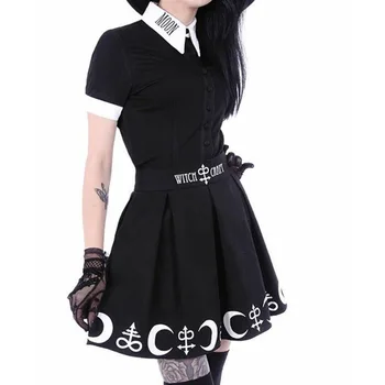 Ragana Mėnulis Spausdinti Harajuku Punk Rock, Gothic Sijonai Moterims Aukšto Juosmens Mini Sijonas Naujas Gotikos Merginos Palaidinė Marškinėliai Klostuotas Sijonas Rinkiniai