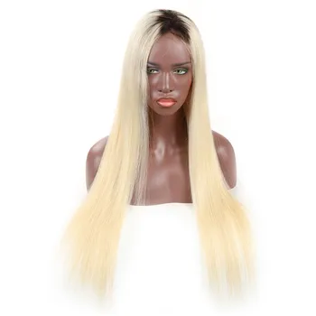 Halo Lady Grožio T1B/613 Blond 13*4 Nėriniai Priekiniai Plaukų Perukai su Tamsiai Šaknys Malaizijos Tiesiai Žmogaus Plaukų Perukas Preplucked Remy 150%