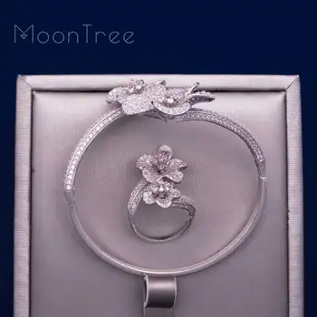 MoonTree Gėlių Gėlių Mados Prabangių Super AAA Kubinis Cirkonis Moterų Dalyvavimas Bangle Žiedas Rinkinys Suknelė Juvelyrikos Rinkiniai