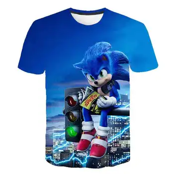 Vasaros Berniukai Animacinių filmų Sonic ežys marškinėliai Blue 3D Atspausdintas Merginos Streetwear Vaikams, Vaikų Drabužiai, Kūdikių Juokinga Marškinėlius, O-Kaklo