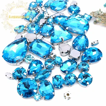 58pcs 10shapes 25sizes Sumaišykite Turkis mėlyna formos ir dydžių Stiklo Kristalų, cirkonio sidabriškai apačios 