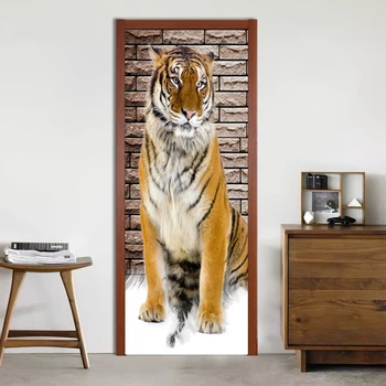 3D Stereo Tigras Durų Lipdukas Šiuolaikinės Kūrybos Gyvūnų Tapetai Vaikams, Miegamojo Kambarį, Namų Dekoro Durys, PVC Lipdukai, Lipnios