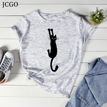 JCGO Vasaros Medvilnės Moterų Marškinėliai S-5XL Plius Dydis Funny Cat Spausdinti Trumpas Rankovės Didelis Pagrindinis Tees Viršūnes Atsitiktinis O-Kaklo Moterų Marškinėlius