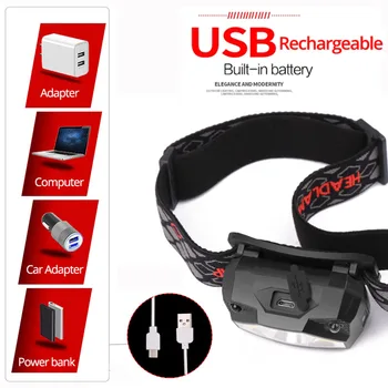 USB Įkrovimo priekinis žibintas 7000LM Kūno Judesio Jutiklis, Žibintų Vandeniui Žibintas Raudonos Šviesos Žibintas su įmontuota Baterija