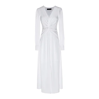 2020 metų Vasaros V-kaklo, ilgomis Rankovėmis Suknelės Moterims Mados Twist Slim Moteriška Šalis Vakare Vestidos Elegantiška Balta Ponios Suknelė