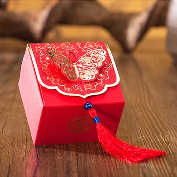 (25 vnt/daug) Vestuvių Dovaną, Tradicinė Kinų Raudona Saldainių Dėžutė Su Kutas 3D Drugelis Aukso Folija Vestuvių Malonių Dovanų Dėžutėje B007