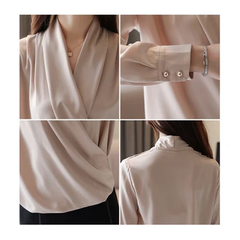 9 spalvų v-neck slim satino palaidinė marškinėliai 2019 m. rudenį naujų korėjos ilgomis rankovėmis įvyniojimas palaidinės OLIS office moteriški balti marškinėliai, topai