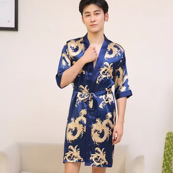 Kinijos Derliaus Vyrų Apdaras Atsitiktinis Sleepwear Satino Viskozė naktiniai drabužiai Spausdinti Dragon Chalatas Kimono Suknelė moteriškas chalatas Dydis L XL XXL