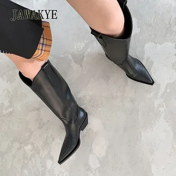 JAWAKYE Naujus natūralios odos pažymėjo Tne Kelio auliniai batai moterims Aikštėje Kitten heels moterų Žiemos ilgi batai Kaubojus Riteris batai