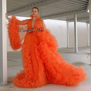 2021 Aukštosios Mados Oranžinės Spalvos Tiulio Raukiniai Motinystės Suknelė Apdaras Visiškai Sluoksniuotos Rankovėmis Pamatyti Per Moterų Suknelės, Striukės Oficialią Šalies Chalatai