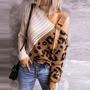 2021 Naują Pavasario Moterims, Elegantiškas Off Peties Megztiniai Megztinis Rudens Mados Leopardas Spausdinti Kratinys Viršūnes Atsitiktinis Ilgomis Rankovėmis Puloveriai