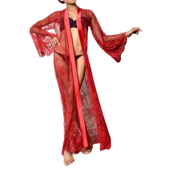 Sexy Moteris Skaidrus Siuvinėjimo Ilgai Kelnaitės Naktį Moteriška Suknelė Ilgomis Rankovėmis V-Kaklo Velniop Pižamą Matyti Per Chalatas 2020 M.
