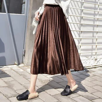 Aukso aksomo plius dydis sijonai moterų vidutinio ilgio moterų 2020 m. rudens ir žiemos naujas klostuotas paaukštintu liemeniu plonas-line sijonai