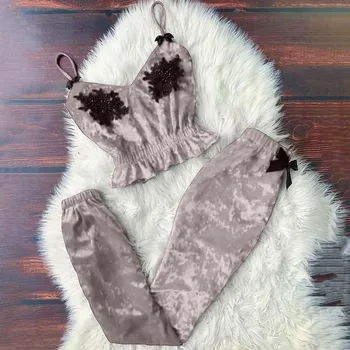 Nėriniai Spageti Dirželis Pižama Spausdinti Vasara Dviejų Dalių Komplektas Viršaus Ir Kelnės Sleepwear Satino Moterų V-Kaklo Seksualus Naktiniai Drabužiai Modelis
