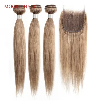 MOGUL PLAUKŲ Spalva 8 Pelenų Blond ryšulius su Uždarymo Spalvos Indijos Tiesiai Plaukų Pynimas Ne Remy Human Hair Extension