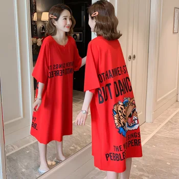 #2309 Plius Dydžio Raudoni Marškinėliai Suknelės Moterims korėjiečių Raštas Tigro Spausdinti Prarasti Trumpas Rankovės O-kaklo Suknelė Moteris Negabaritinių Suknelės