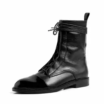 Lenkisen natūralios odos Britų derliaus, suapvalinti tne laisvalaikio stiliaus nėrinių mažai kulniukai juoda žiemą laikyti šiltai moterų batai L37