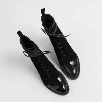 Lenkisen natūralios odos Britų derliaus, suapvalinti tne laisvalaikio stiliaus nėrinių mažai kulniukai juoda žiemą laikyti šiltai moterų batai L37