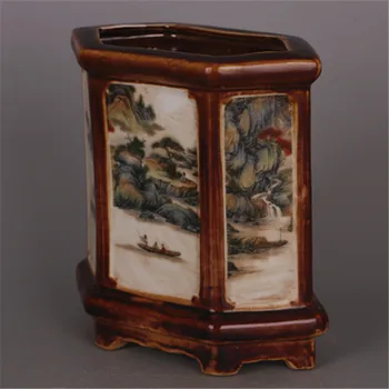 Kinija seno porceliano Pastelinių Šešiakampe penholder Pobūdžio Peizažas vaza