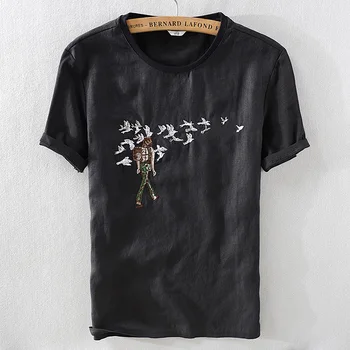 2018 m. Naujo dizaino trumparankoviai lino marškinėlius vyrams, prekės ženklo prancūzų stiliaus vasaros juodos spalvos sportinius marškinėlius, O vyrų-siuvinėjimas kaklo t-shirt vyras