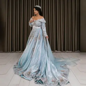 Dangus Mėlynas Veliūras Maroko Kaftan Nuotakos Suknelė Duobute Kristalų Moterų Vestuvių Suknelė Musulmonų Arabija Dubajus Aplikacijos Vestuvių Suknelės