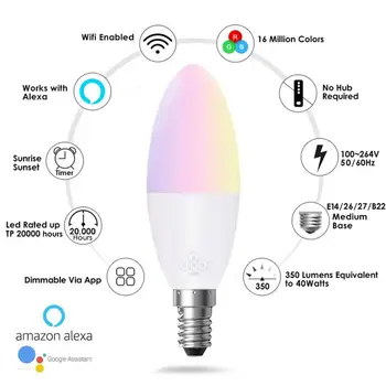 2019 Karšto 1pcs WiFi Smart LED Lemputė 6W RGB E14/E26/E27/B22 Spalva Keičiasi Lemputės Balso Remote App Kontroliuoti Darbą Su Pažangaus Gyvybės